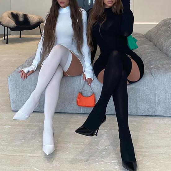 Сексуальное женское мини-облегающее платье с длинными рукавами и пряжкой на подтяжках и чулками