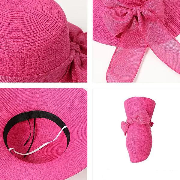 WTEMPO Elegant Casual Travel Beach Foldable Summer Hats with Bow Women's Wide Brim Solid Color Outdoor Sunscreen Hats