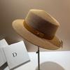Summer UV sunscreen plant fiber woven flat top straw hat fashionable high quality simple belt big brim top hat