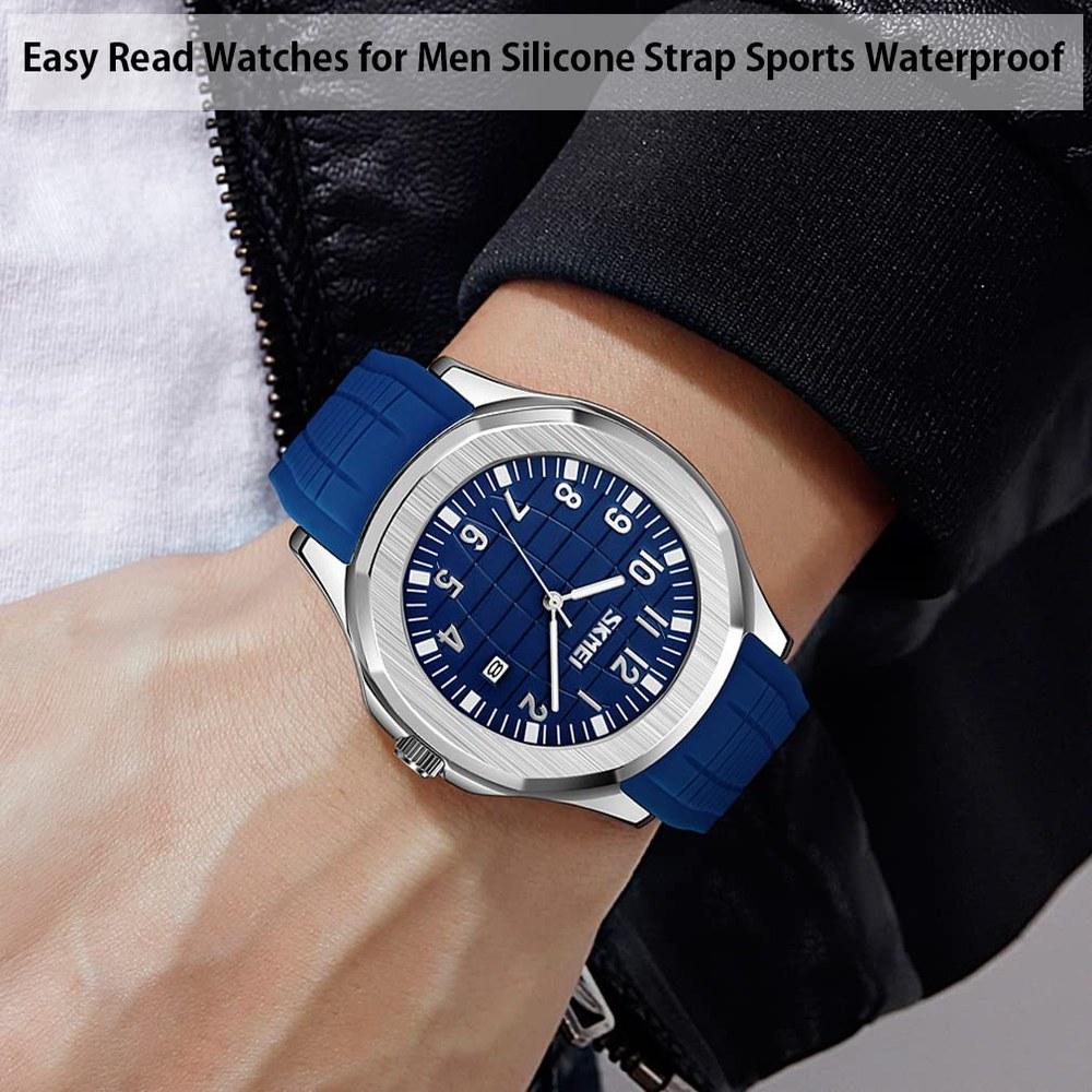 SKMEI Men's Silicone Sports Waterproof Watch Large Arabic Numerals Date Fluorescent Blue Casual Luxury Gift