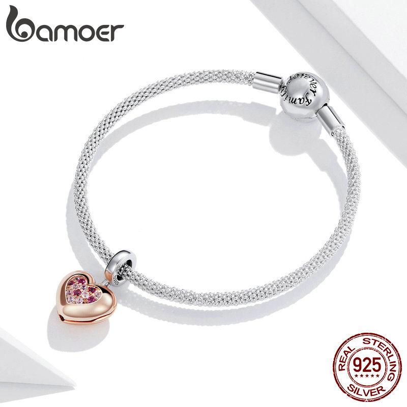 BAMOER Стерлингового Серебра 925 пробы Блестящий Розовый Циркон Розовое Золото Подвеска в форме сердца подходит для оригинального браслета 3 мм DIY Ювелирные изделия