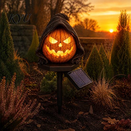 Warm Amber Light Solar Halloween Pumpkin Garden Stake Light, Waterproof Resin LED Decorative Lawn Lamps Lantern, Spooky Yard Lighting for Outdoor