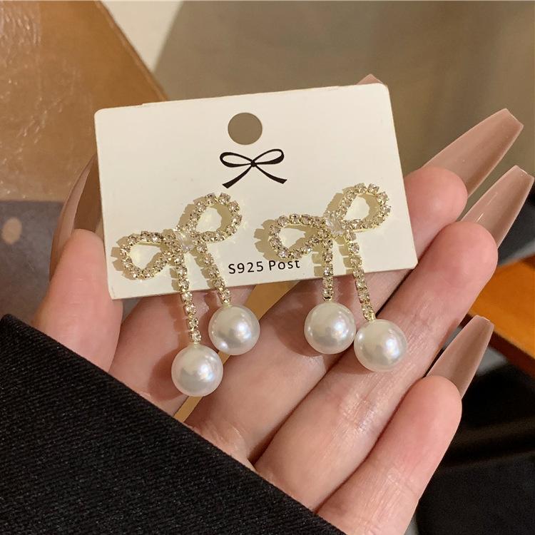 111 silver needle tassel bow zircon stud earrings for women exquisite, small and versatile earrings, fashion temperament, pearl earrings