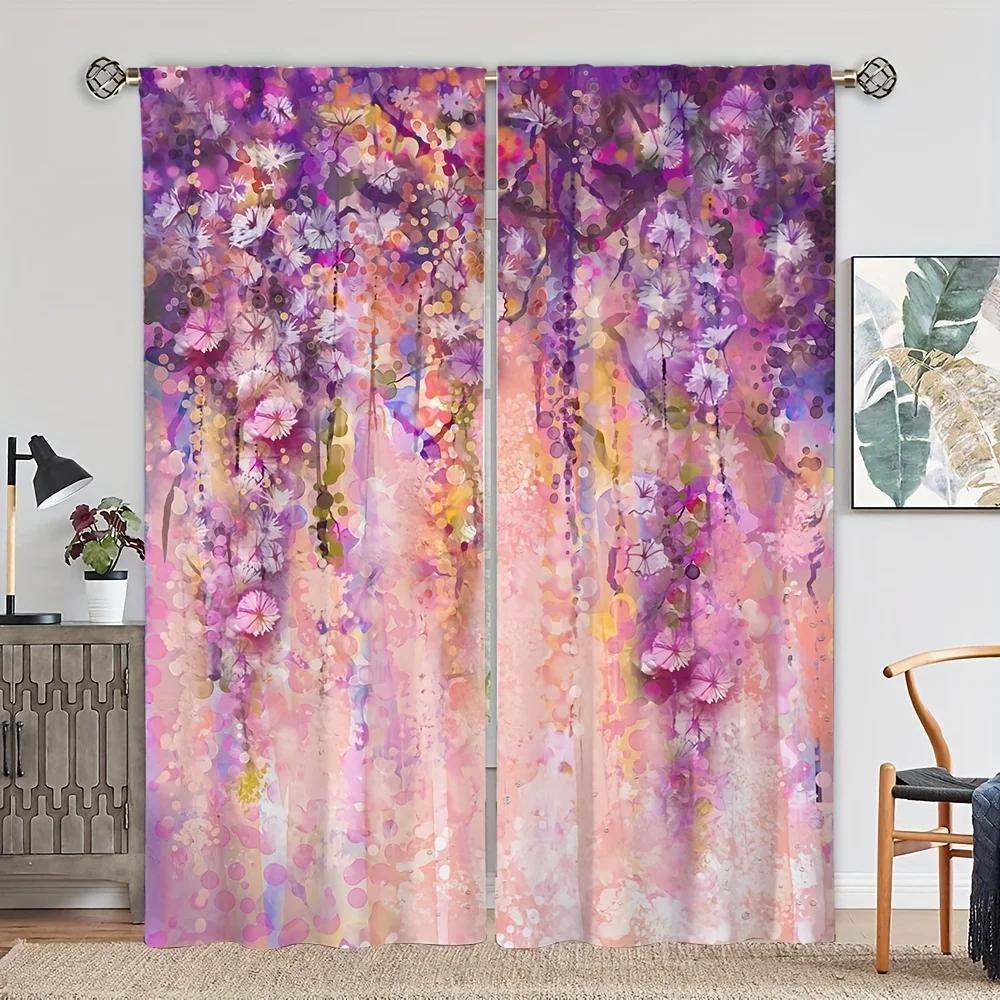 2 Panels Flower Path Printed Curtain Rod Pocket Semi Blackout Window Treatment For Bedroom Office Kitchen Living Room Study Home