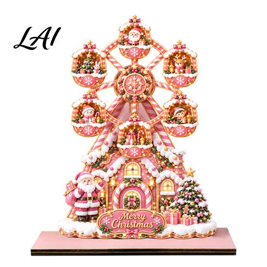 Holiday Home Wheel Desktop Christmas Ferris Interior Accents Ornament, 2D Wooden Gingerbread House Decorative