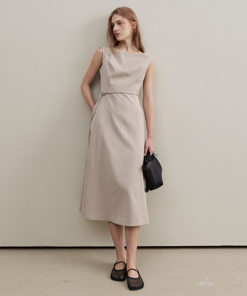 Artid Boat Neck Belted Dress_Beige