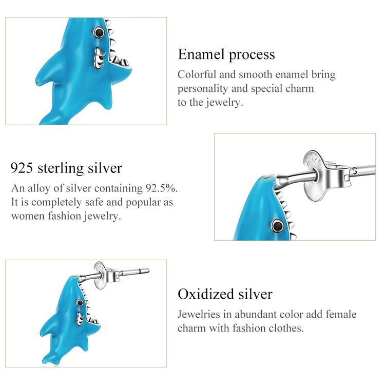 WOSTU 925 Sterling Silver Funny Blue Animal Shark Stud Earrings For Women Fashion Jewelry Gift