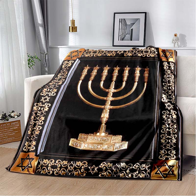 Jewish Holiday Golden Menorah Star David Black Yellow Border Print Soft Flannel Throw Blanket Sofa Bed Warm Decor Cover For Religious Festival Fans