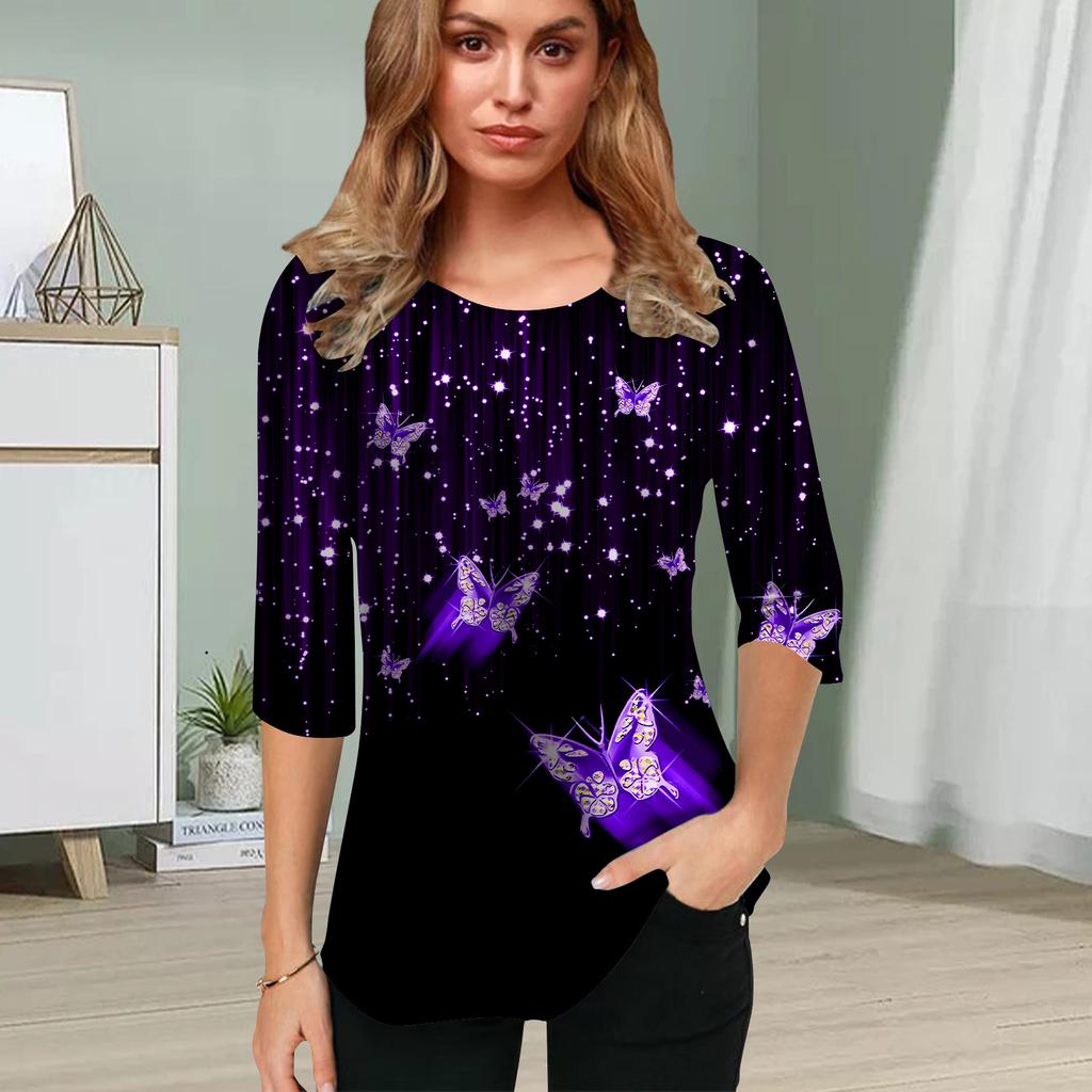 Womens Blouse 3D Blue Butterfly Printing Flower Half Sleeve Tops Summer Casual Tops Printed Round Neck Half Sleeve T Shirt