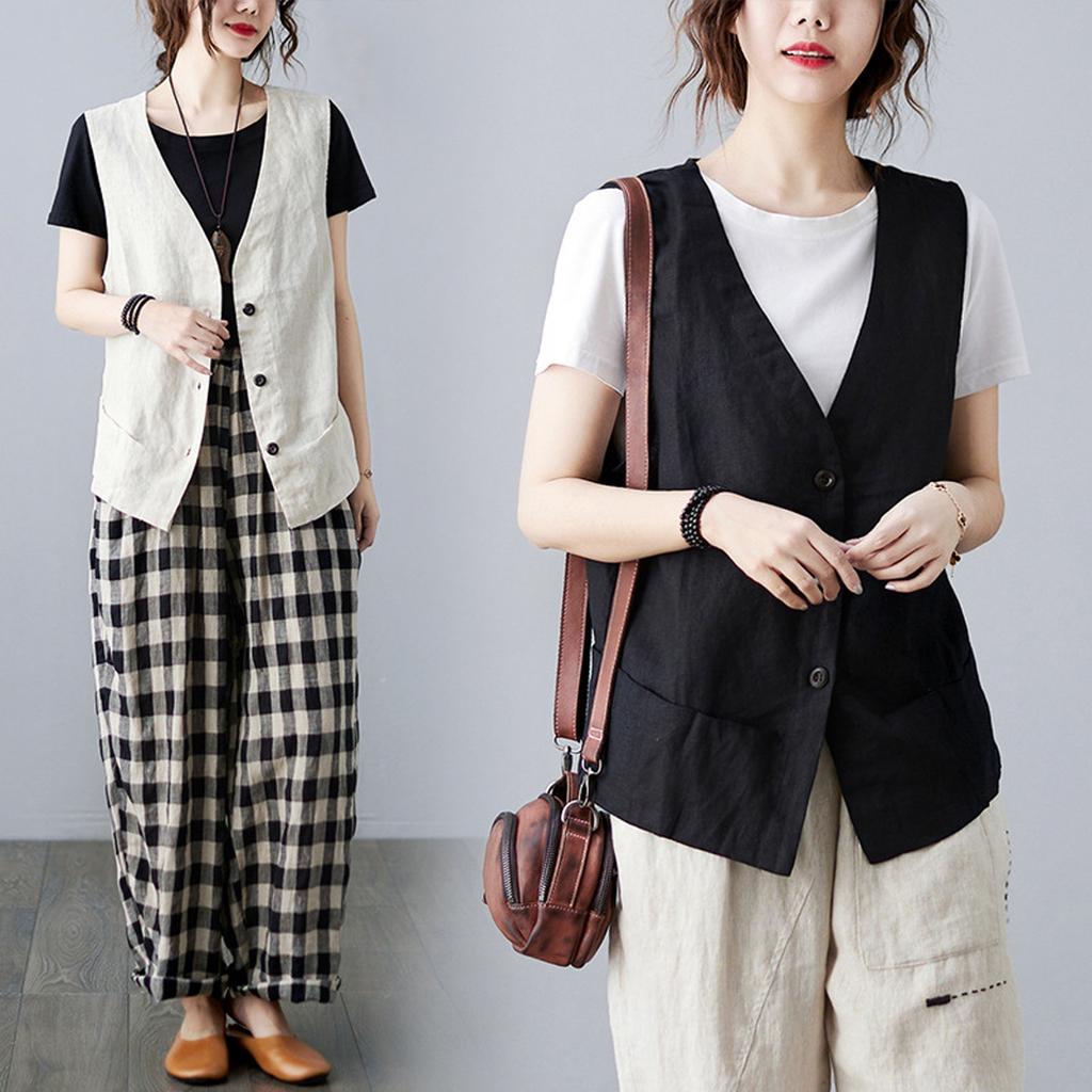 Retro Linen Vest For Women Loose And Versatile Sleeveless Casual Slim Vest Solid Color Waistcoat Cotton And Linen Short Jacket