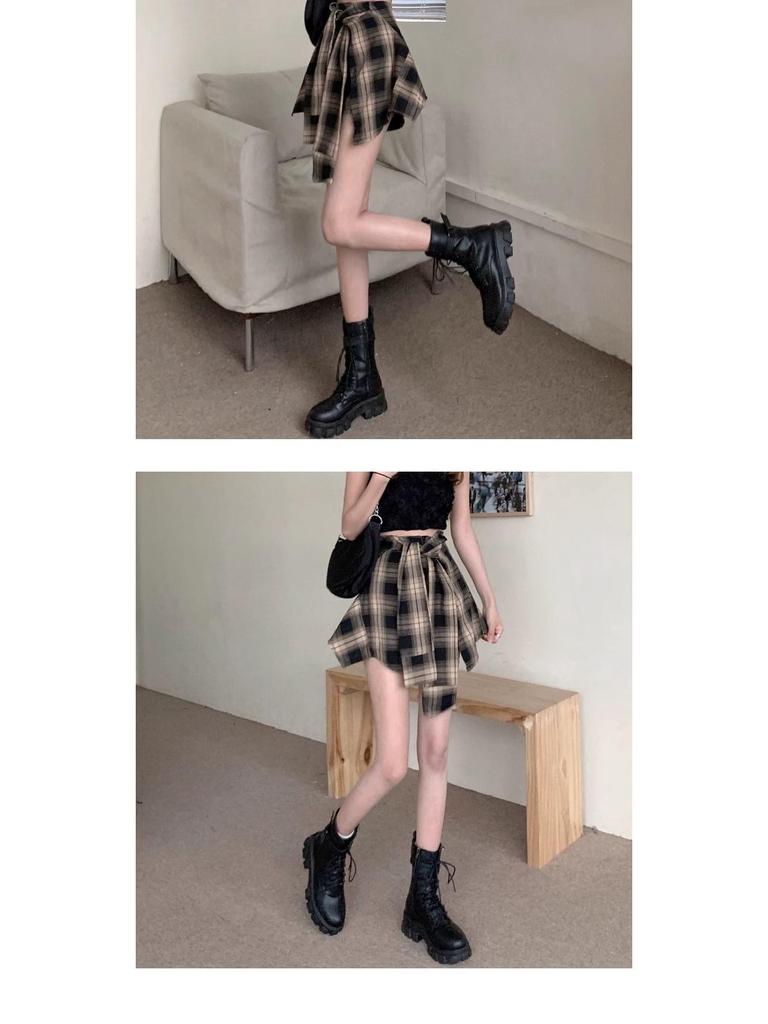 Женская черная клетчатая юбка-шорты А-силуэта 2025 года с асимметричным дизайном из двух частей