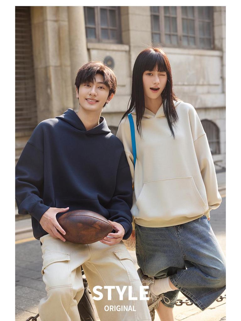 400g Heavyweight Five-Thread Liquid Cotton Solid Color Pullover Hoodie with Loose Drop Shoulders