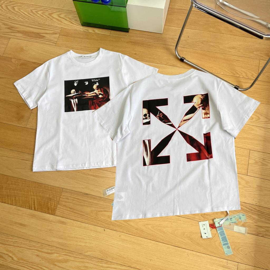 Off-White Лето 2025 года, новинка, классическая религиозная картина маслом Караваджо с принтом стрелы, классическая футболка с короткими рукавами для мужчин и женщин