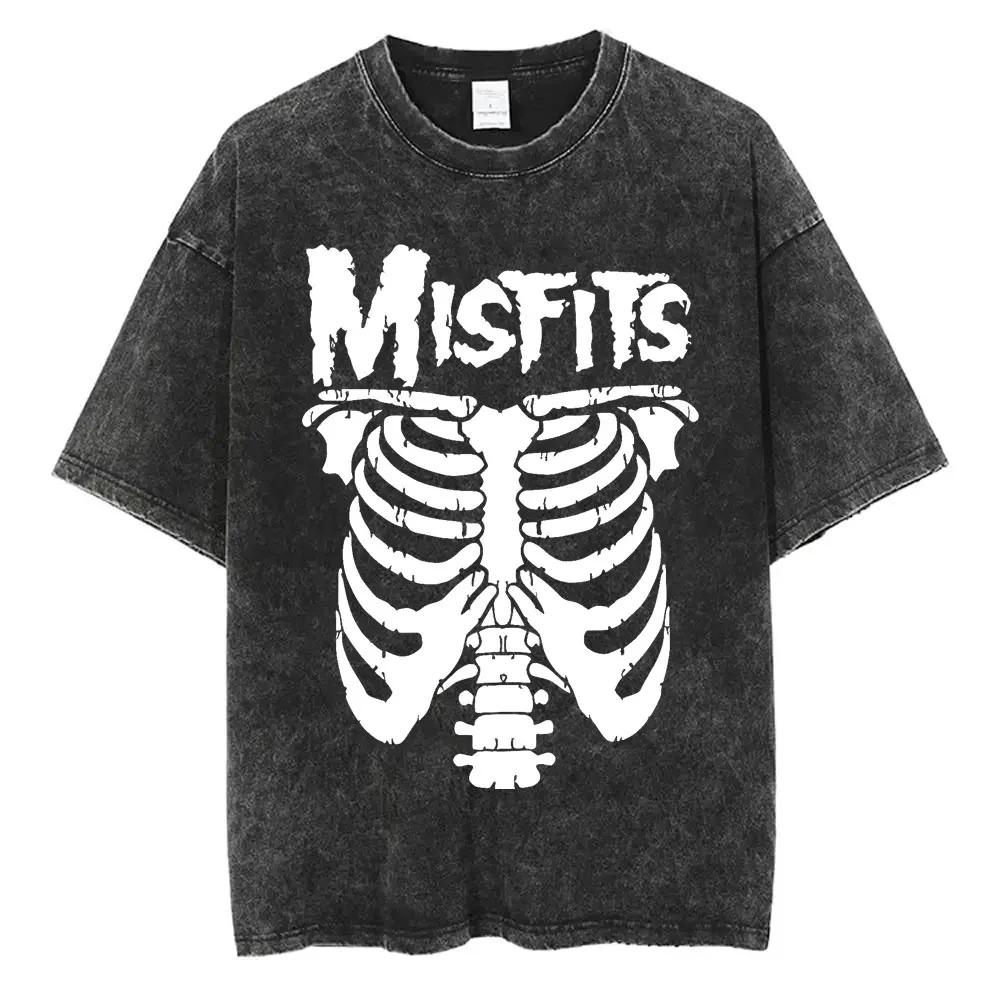 2026 Стиранная Винтажная Хардкор Панк Группа Misfits Футболка Ужасы Скелет Графическая Футболка Мужская Женская Мода Повседневные Оверсайз Футболки