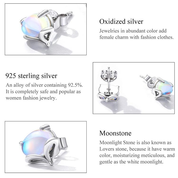 WOSTU 925 Sterling Silver Animals Moonstone Cute Fox Stud Earrings For Women Fashion Party Jewelry Gift