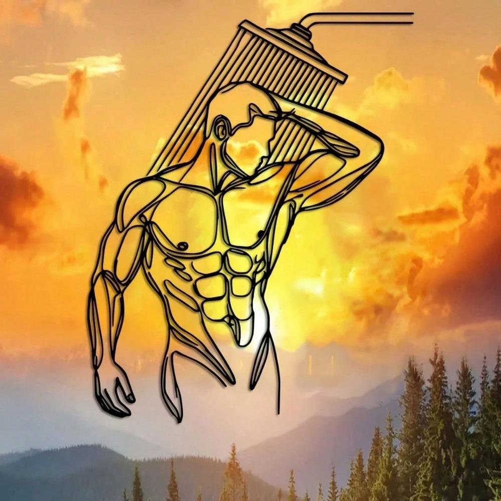 A Muscle Man In Shower Minimalisty Metal Wall Art - Modern Home Decor for Bedroom, Living Room, or Bathroom. Waterproof, Rustproof Installation.