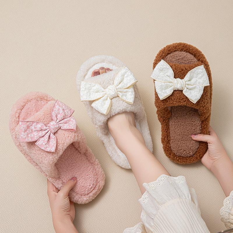 Bow Open Cotton Slippers Warm Fluffy Slippers Home Plush Slippers
