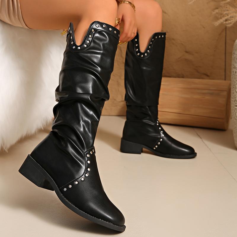 Fashion Rivet Decor Slouchy Knee High Boots for Women Fashion Black Chunky Heel Long Boots Woman Autumn PU Leather Riding Botas De Mujer