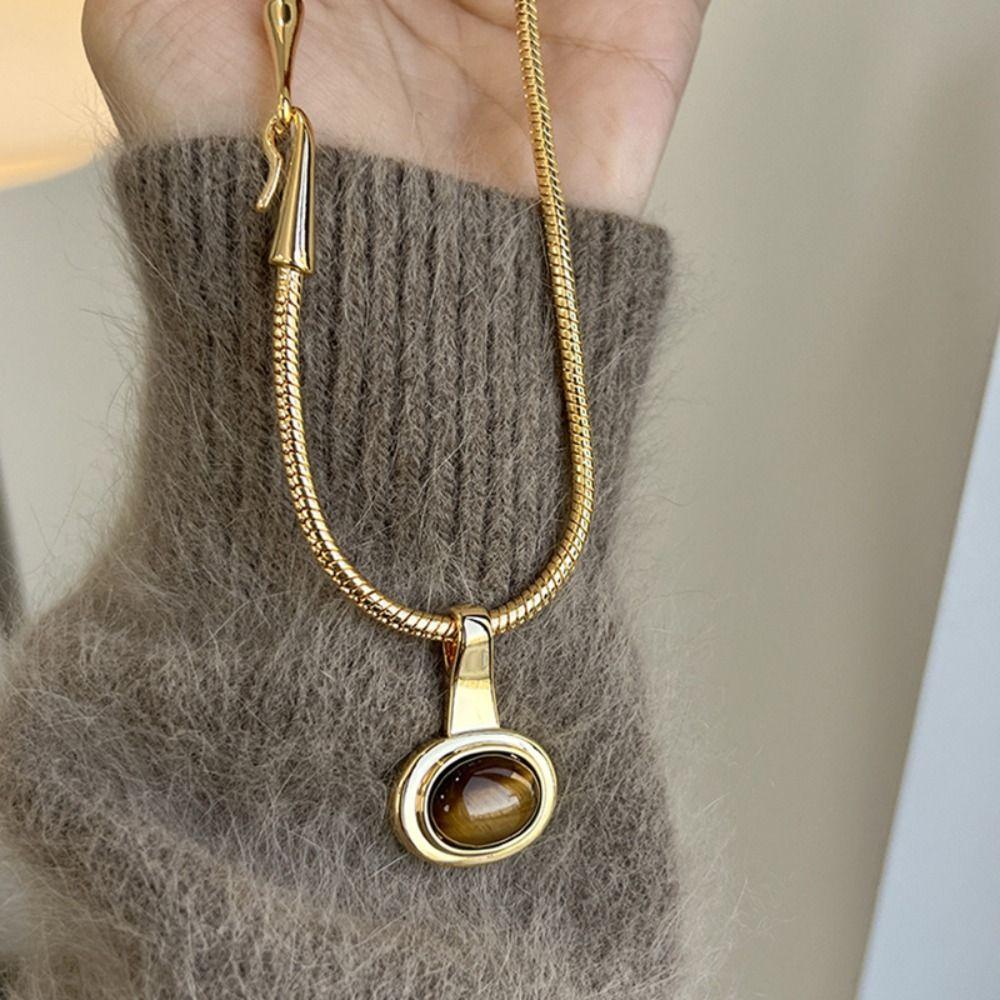 Подвеска из камня Тигровый глаз, ожерелье из титановой стали, женское ожерелье, цепочка для свитера, ювелирные аксессуары