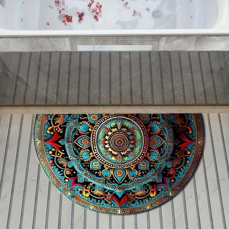 Elephant-Themed Semi-Circle Welcome Mat - Non-Slip Polyester Door Mat with Artistic Elephant Design - Decorative Home Accessory