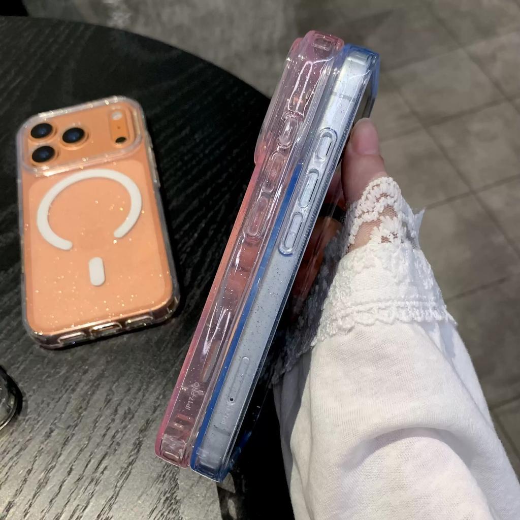 Transparent Bling Glitter For Magsafe Magnetic Case For iPhone 18 17 16 15 14 13 Pro Max 15 16 Plus Shockproof Bumper Soft Cover
