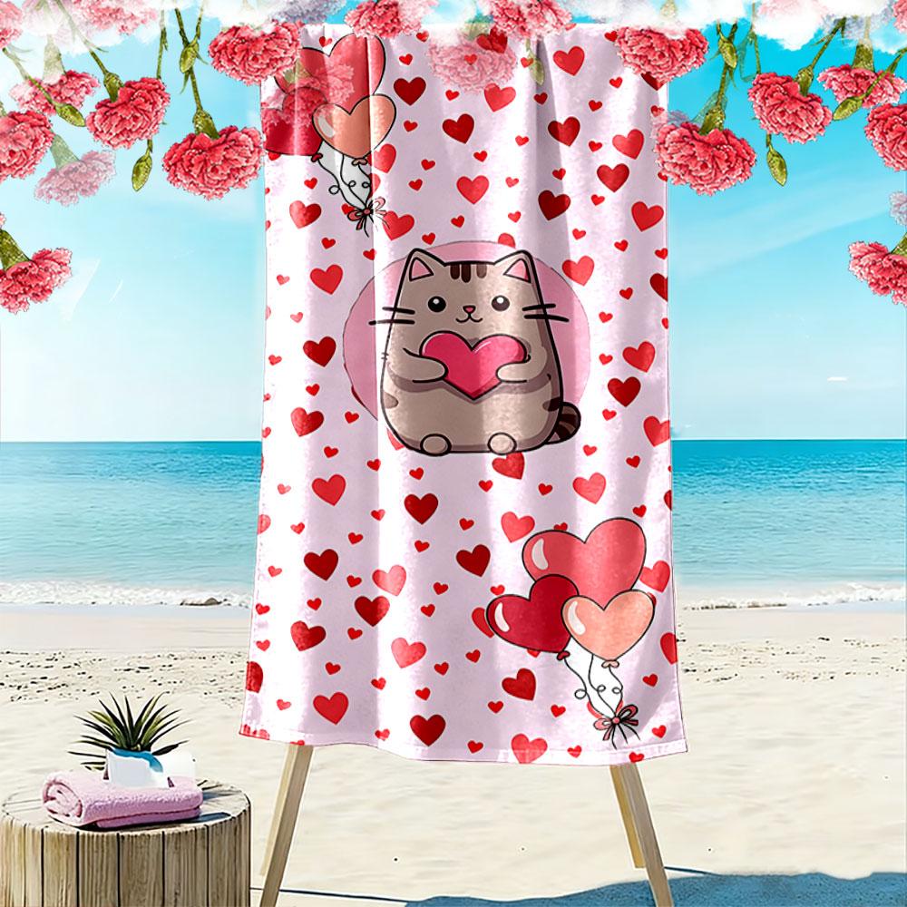 Cute Cat with Hearts Pattern Beach Towel Quick-drying for Travel Outdoor Sports Jogging Beach and Swimming