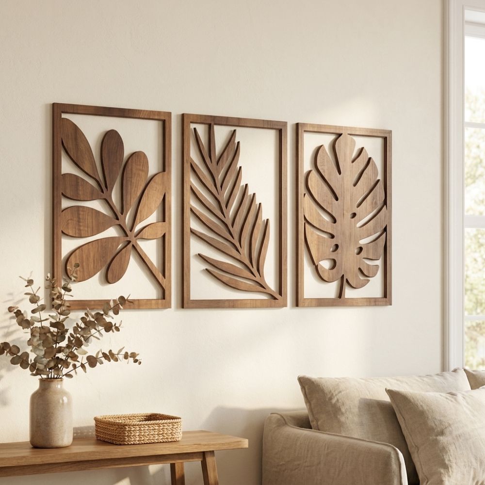 3Pcs Farmhouse Wooden Tropical Leaves Wall Sign Rustic Plant Wall Ornament Indoor Home Decor