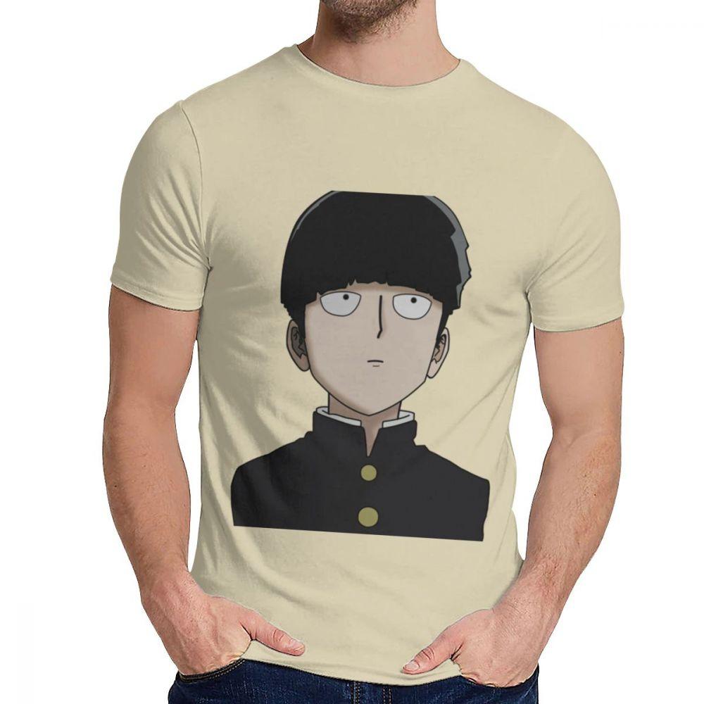 Male Tee Shirt Shigeo Kageyama Mob Psycho 100 Natural Cotton Top Design Round Neck Harajuku Streetwear