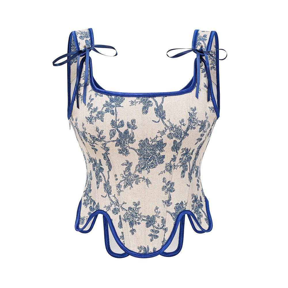 Womens Sexy Bustier Corset Top Eyelet Lace-up Floral Print Push Up Crop Tops Vintage Tank Top Party Clubwear Bodice