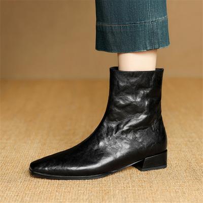 Модные новые осенне-зимние женские ботинки из натуральной кожи с квадратным носком, женские модные ботинки на низком каблуке, короткие ботинки, черные ботинки, ручная работа