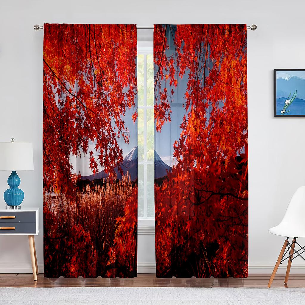 Fall Forest Tulle Curtains for Living Room Bedroom Decoration Autumn Trees Woodland Sunshine Nature Scenery Sheer Voile Curtain