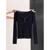 Skinny bottom top with exposed collarbone Women's autumn semi-open neck button pit strip short long-sleeved knitted sweater