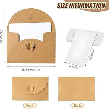 50Pcs Heart Closure Mini Kraft Envelopes with 50 Blank Card Heart ClosureTiny Envelopes Heart Closure Kraft Paper Envelopes Heart Closure Mini Envelo