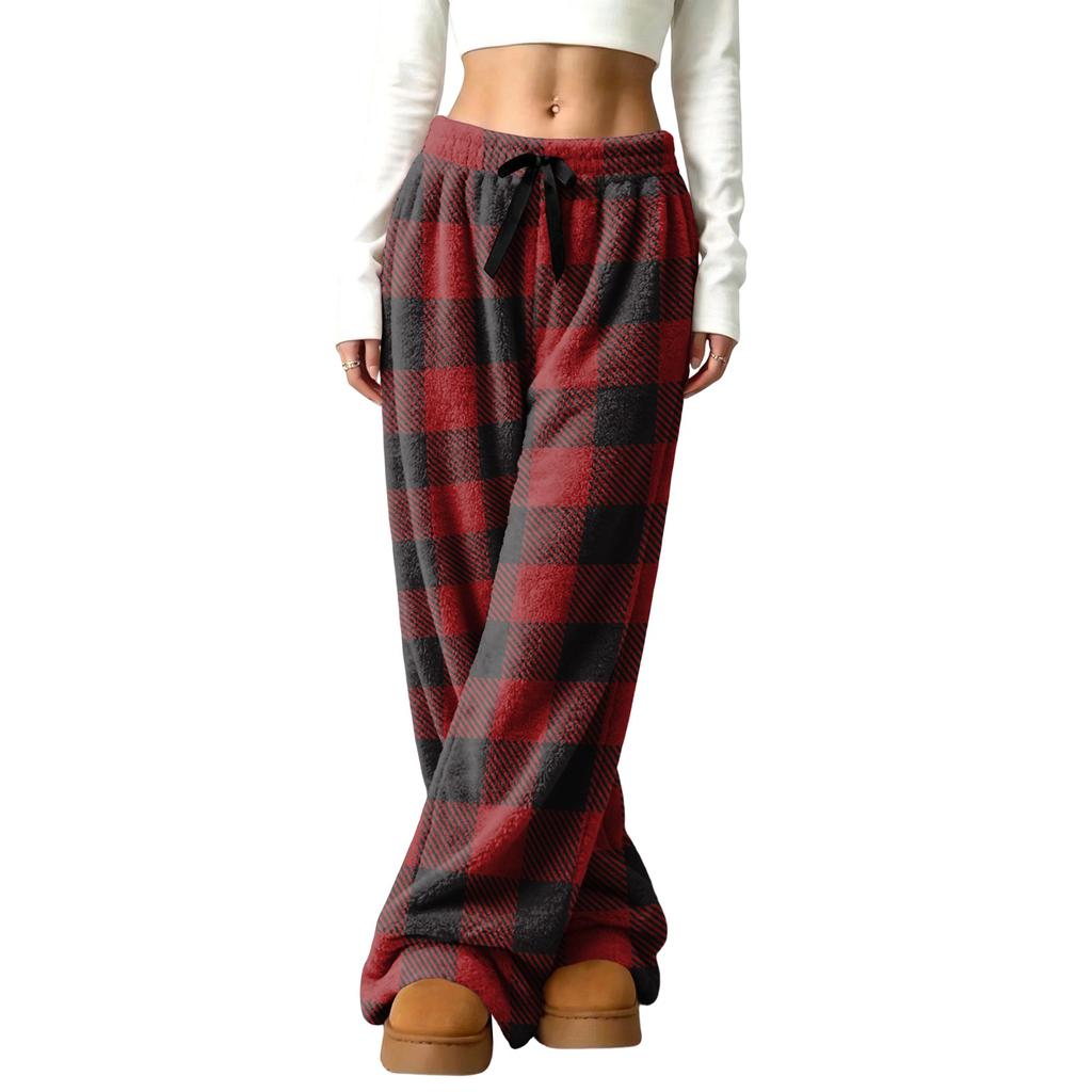 Women's Casual Plaid Print -Lined Wide Leg Pants with Elastic Waist, Loose Fit Trousers for Fall Winter