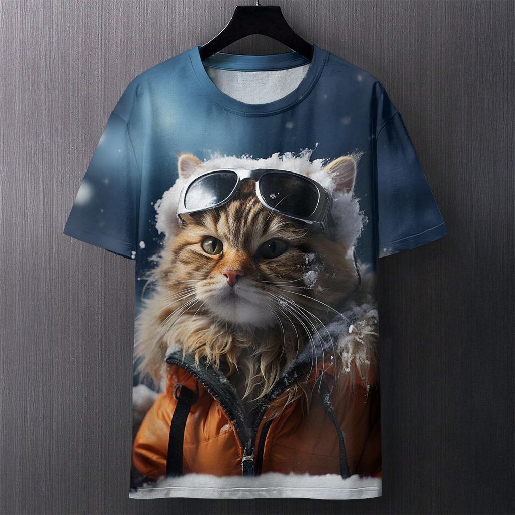 Fun Cat Pattern Printed T-shirt Summer Casual Loose Round Neck Short Sleeved Men's T-shirts