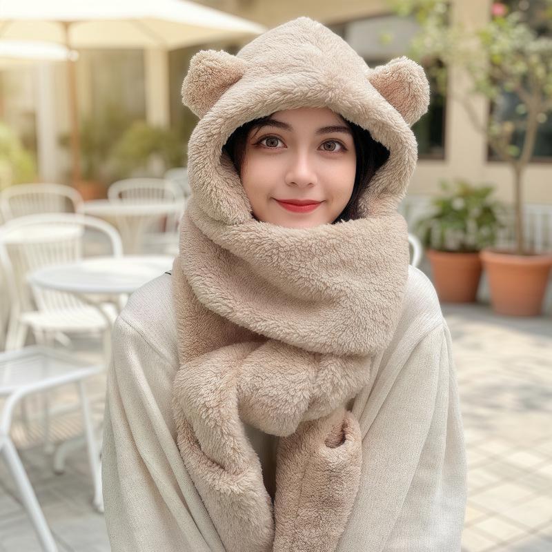 Женская теплая шапка с мишкой: Комплект пуловер, шарф и маска для велоспорта и защиты от холодной погоды