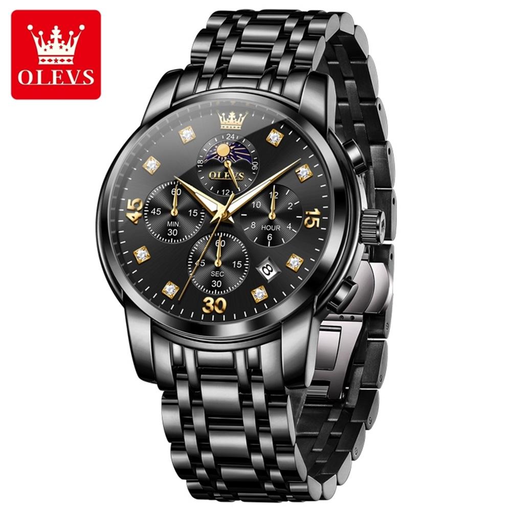 OLEVS 3652 Quartz Watches for Man Steel Strap Multi-functional Waterproof Luminous Chronograph Moon Phase Men's Wrist Watches