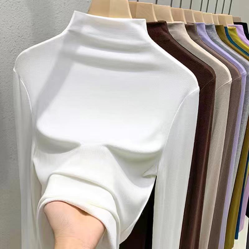 Женская белая приталенная рубашка с длинным рукавом и воротником-стойкой в корейском стиле - Мода осень/зима