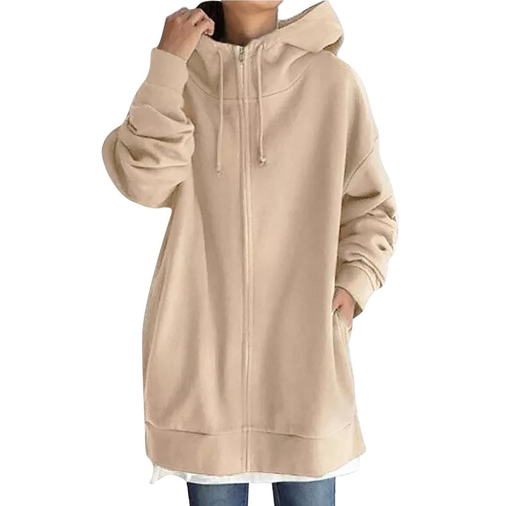 Women's Zip Hooded Long Sweatshirt Lightweight Loose Long Sleeve Casual Sweatshirt With Pocket