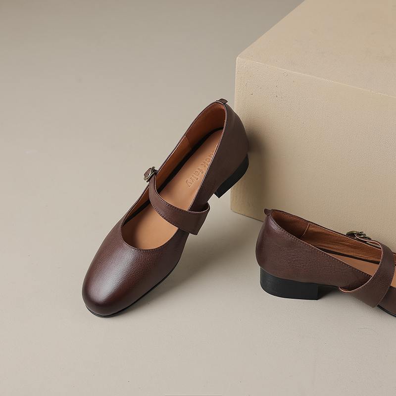 Осенние туфли из коровьей кожи с круглым носком на толстом среднем каблуке, однотонные женские туфли Мэри Джейн