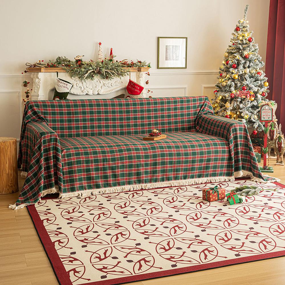 Christmas Plaid Couch Cover with Tassel Washable Sofa Covers Couch Furniture Protector Seat Slipcover Sofa Towel for Living Room