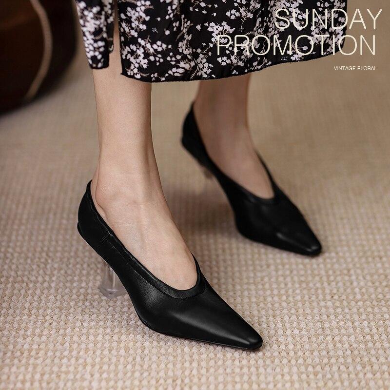 Women Pumps Natural Leather Shoes Plus Size 22-26.5cm Length Soft Sheepskin Pointed Crystal Heel Full Leather Shoes