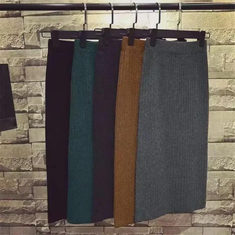 High-Waist Mercerized Cotton Knitted Skirt - Women's Autumn/Winter Slit Midi Skirt