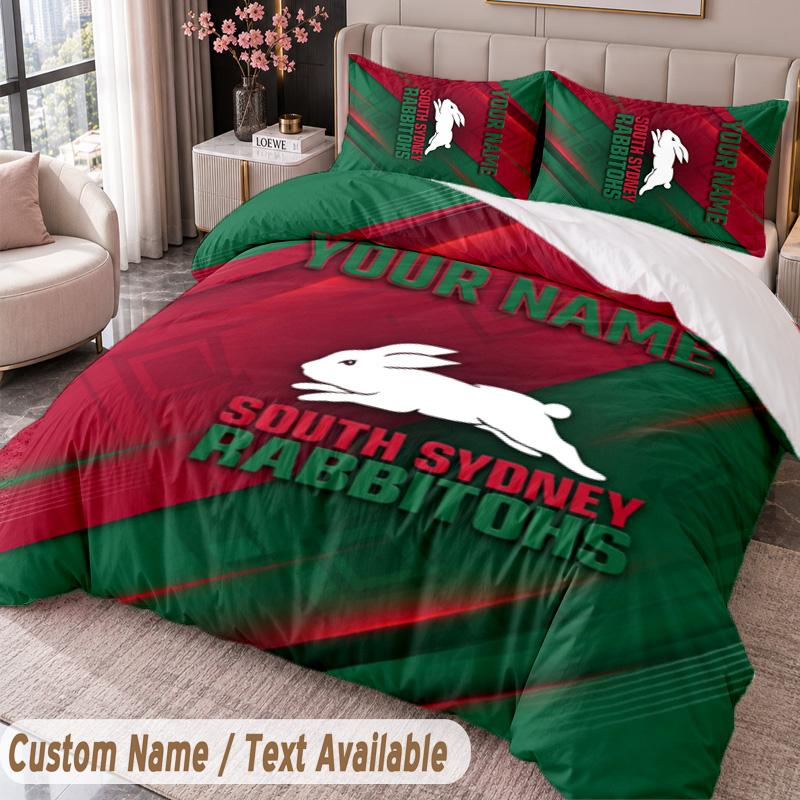 South Sydney Rabbitohs Printed Bedding Set Custom Name Text 1 Duvet Cover 2 Pillowcases For Bedroom