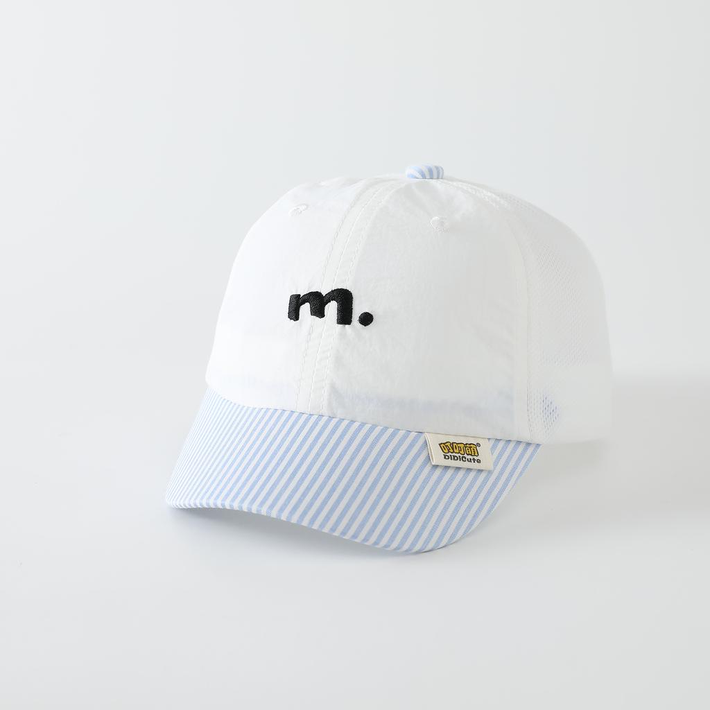 Children's Embroidered Letter 'M' Breathable Mesh Baseball Cap, Quick-Drying Stitched Striped Brim, Suitable for Summer Outings