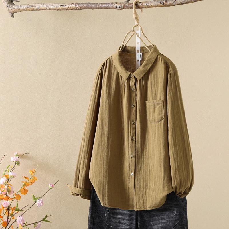 Двухслойная хлопковая пряжа с длинными рукавами, женская художественная рубашка с маленьким острым воротником, простая универсальная базовая рубашка, топ, блузки и рубашки