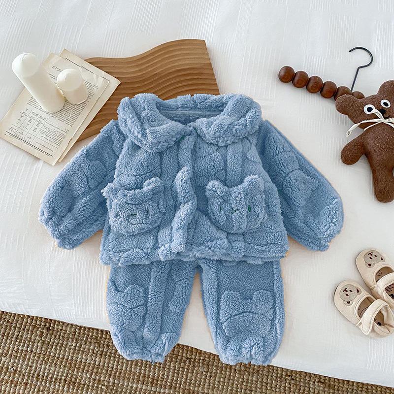 Детские пижамы, осенне-зимний комплект из утолщенного флиса, детский комплект с лацканами Xiao Xiong Shu, хлопковый флисовый комплект детской домашней одежды