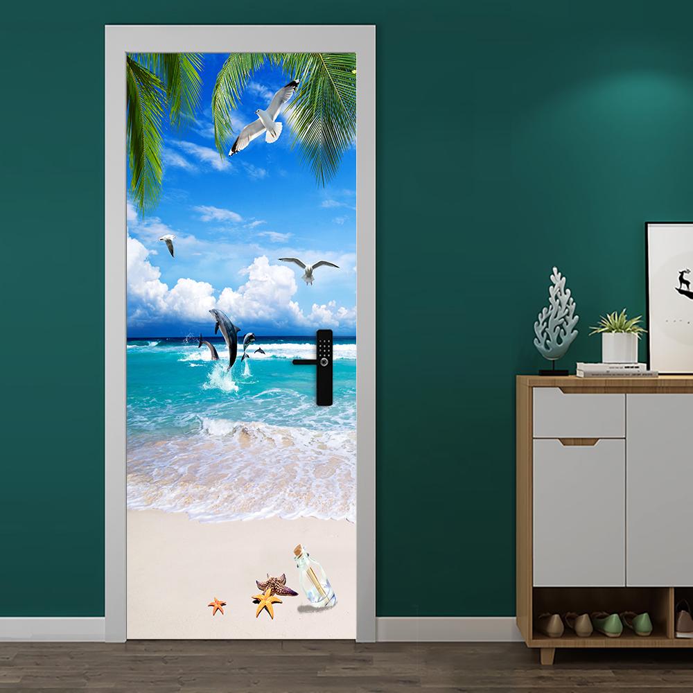 Sea View Of The Beach Under The Coconut Tree DIY Door Wall Sticker Home Decor Living Room Self-adhesive Waterproof PVC Wallpaper