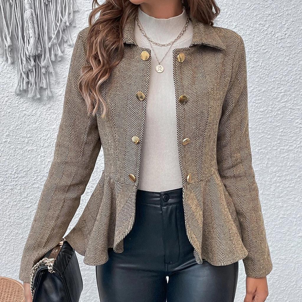 Женский блейзер в европейском стиле с воротником, цветочным узором, оборками, приталенным силуэтом и двубортным дизайном – стильная и элегантная куртка.