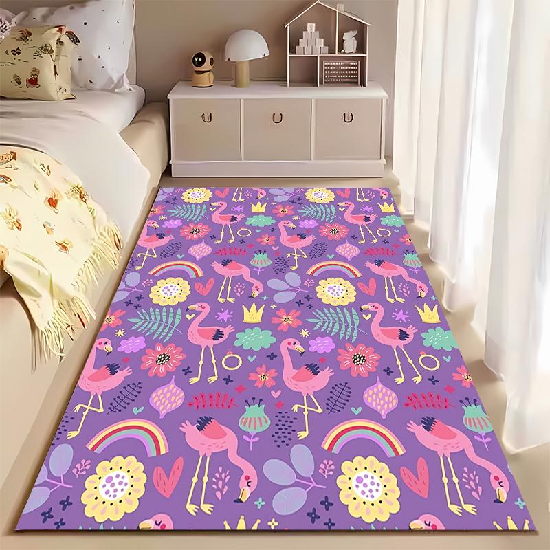 Colorful Flamingo Print Carpet with Flowers and Rainbow Design Suitable for use as an anti-slip for living room bedroom sofas